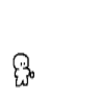 Black-and-white pixelated icon of a simplified humanoid figure with rounded head, two small eyes, and a small mouth, holding a circular object in its right hand against a plain white background.