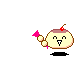 Pixelated character with cherry-topped head holds pink wand, emitting colorful stars against gray background.