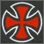 Red cross with white outline on dark background, bordered by red frame in one view.