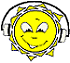 Yellow sun-shaped icon with headphones, smiling face showing teeth, and changing eye expressions across frames.
