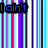 Pixelated text fragments appear on a striped background with vertical lines in purple, blue, pink, and white.