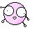 A pink pixelated character with large white eyes and a small mouth appears in nine positions, each showing slight variations in eye shape, head tilt, and limb positioning against a gray background