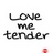 Pixelated black text on white background reads "Love me tender" with a small red pixel cluster in the bottom-right corner.