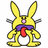 Pixelated yellow rabbit-like figure with large ears, purple scarf, red tongue sticking out, and gray limbs against white background.