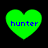 Four green heart-shaped icons with blue text reading 'hunter' on a black background, arranged in a