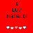 Red background with black text "I LUV NATALIE" and five pixel hearts below, where the third heart changes from white to pink between frames.