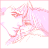 A pink-toned animated sequence showing two figures in close embrace, with text fragments appearing below them.