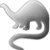 Pixelated grayscale icon of a stylized dinosaur with long neck and tail, curved body, four legs, and rounded head on light gray background.