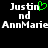Pixelated text displays 'Justin' with a green heart replacing the 'i', followed by 'nd AnnMarie' in white on black background.