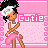 Pixel art contact sheet showing four animated frames of a cartoon character with black hair, white headband, and pink skirt against a pink dotted background with "Cutie" text.