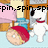 Pixelated cartoon scene with a white dog and child in red hat, showing text changes from 'spin, spin, sphahahaha' to 'crack myself'.