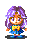 A 4x4 grid of pixel art frames showing a cartoon character with purple hair, blue dress, and yellow bow in various poses including standing, waving, holding hearts, and smiling.