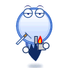 A circular blue cartoon character with large eyes holds a pickaxe and a lit torch, standing above a dark blue triangular shape.
