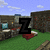 Pixelated Minecraft-style scene with stone structures, grass, and a blue sky background featuring white clouds.