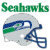 Green 'Seahawks' text above a gray football helmet with blue and green accents and a white face mask.