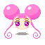 Pixelated character with pink mouse ears, long pink hair, and purple eyes showing subtle expression changes