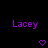 Purple text 'Lacey' appears above pixelated heart and downward arrow icons on black background with gray corner.