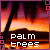 Pixelated sunset scene with palm trees and ocean, overlaid with text phrases in a