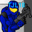 Blue armored figure with yellow visor holds black rifle, standing against gray background with "TJL 18" text above head.