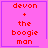 Four identical pink square with purple borders display red text reading "devon + the boogie man"; two include small symbols in their corners