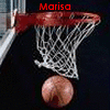 A basketball hoop with a net and a ball below it, showing text labels 'Marisa', 'and', and 'HIM' in red above the hoop in different frames.