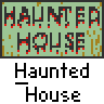 Animated contact sheet showing 12 sequential frames of a haunted house-themed buddy icon with pixel art characters and changing door effects.
