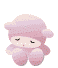 Pixelated pink sheep avatar with closed eyes and white dots on face, shown in multiple static poses against gray background.