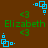 Brown background with repeating green text "Elizabeth" and <3 symbols, surrounded by blue square-based pixel art icons in four orientations.