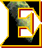 A black, yellow, and red stylized letter E with a greenish texture, displayed in multiple orientations across a
