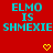 Red background with cyan pixelated text "ELMO IS SHMEXIE" repeated twice, two yellow heart symbols at bottom center.