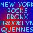 Pixelated text displays New York borough names in cyan on a blue-red gradient background with red pixel clusters.