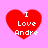 Four red heart shapes on a pink background, each containing white text reading "I Love Andre" with varying pixelation levels.