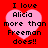 Red background with four identical pink heart-shaped text boxes containing black pixelated text reading "I love Alicia more than Freeman does!!".
