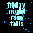 Pixelated text 'friday night rain falls' in light blue on black background with scattered blue dots, animated as a repeating sequence.