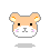 Pixel art hamster head with peach fur, white muzzle, black eyes, pink cheeks, and yellow inner ears on gray background.
