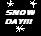 Pixelated black-and-white image with four white star-like shapes and two lines of distorted text on a solid black background.