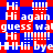 A static image with red and blue background featuring repeated white text phrases like "Hi", "Hi again", "guess wal", "Hi !!!!!", and "HHii bye" in a pixelated style.