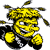 Pixelated yellow and black cartoon character with large eyes, a wide grin, and multiple antennae-like appendages extending from its head.