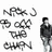 Pixelated grayscale image with stylized text and a figure on the right side.