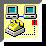 Pixel art of two gray computers with teal screens connected by a blue line, a yellow telephone on a gray base, and a red square on a dotted line against a yellow background.