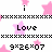 Pixelated icon with pink star background, black text phrases, and gray rectangle overlay. Text includes 'i', 'yayaya', 'go', 'Love', 'well im bored', '=->', '=->'.