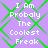 Static image with purple background and green geometric pattern overlaid by repeated white text "I Am Probaly The Coolest Freak".