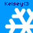 Blue background with four white snowflake icons arranged in a , each labeled "Kelsey<3" in dark blue text above or below