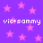 Purple background with scattered pink stars and repeated white text 'vic+sammy' in pixelated font.