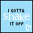 A 13-frame animated contact sheet of a light blue buddy icon displaying the text "I GOTTA SHAKE IT OFF" with changing letter colors and heart symbols, arranged in a 4x4 grid with one empty cell.