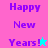 Pixelated text 'Happy New Years!' in purple on pink and blue backgrounds with star icons.