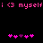 Pixelated pink text and heart symbols on black background, with repeated 'i <3 myself' phrases above two of hearts