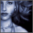 Pixelated static image of a stylized face with abstract background elements in blue and white tones.