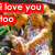 Two figures embrace in a kiss, with red text reading "I love you too" above them; the right shows the couple slightly separated