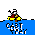 Pixel art animation of a figure in a yellow raft paddling through blue water, with 'CAST AWAY' text below, showing wave interaction and raft movement.